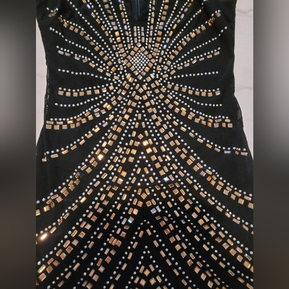 Paradiso Black and Gold Rhinestone Gem Embellished Mini Halter Dress Size Large - Picture 7 of 15